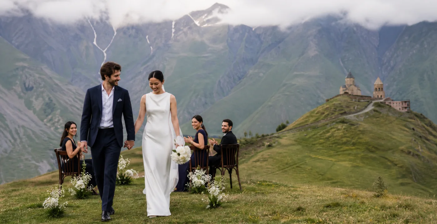 Intimate wedding ceremony in the Caucasus mountains near Kazbegi, Georgia